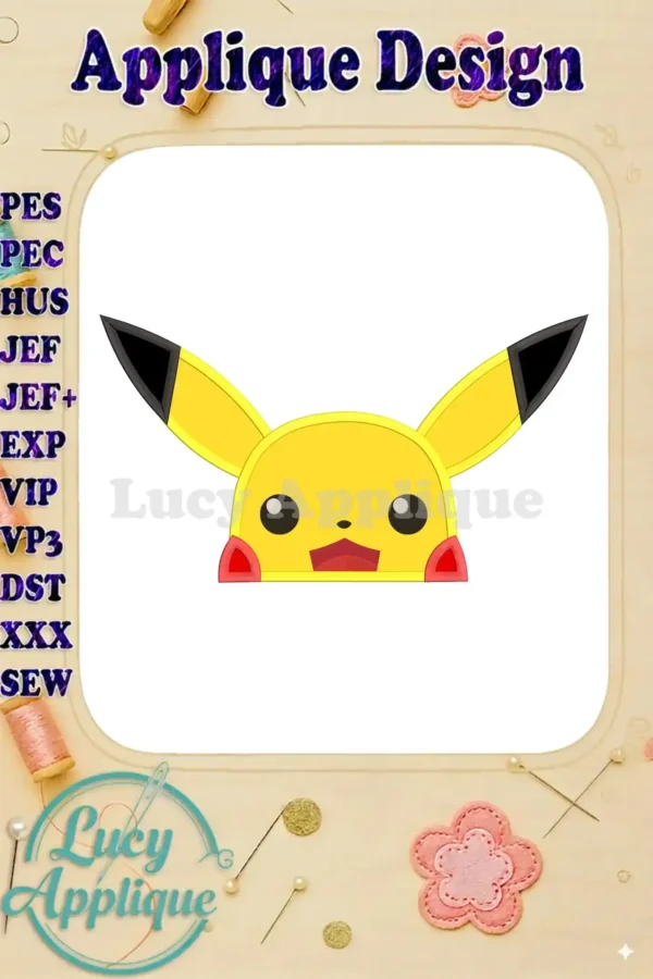 Main image showcasing a charming Pikachu applique embroidery design, ready to be stitched. The design is presented on a white background, and various embroidery file formats are listed.