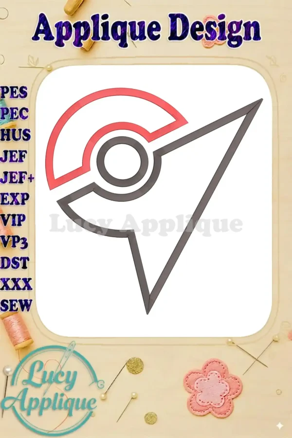 Applique design of a Pokémon Ball, featuring red and gray curved lines forming the iconic ball shape with a pointed tip. Includes a watermark.