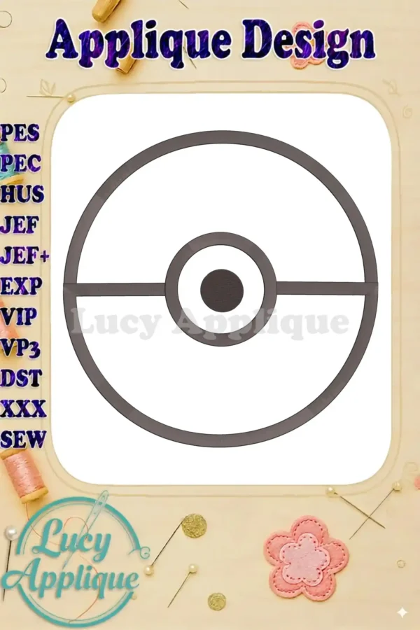 Applique design template of a Pokémon Ball. The template shows the outline of the ball, ready for embroidery. Perfect for adding a fun, geeky touch to your creations!