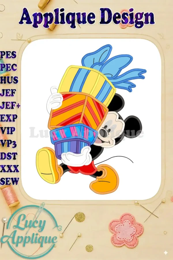 Main image showcasing a charming Mickey Mouse applique design carrying a stack of colorful gifts, perfect for holiday embroidery projects.