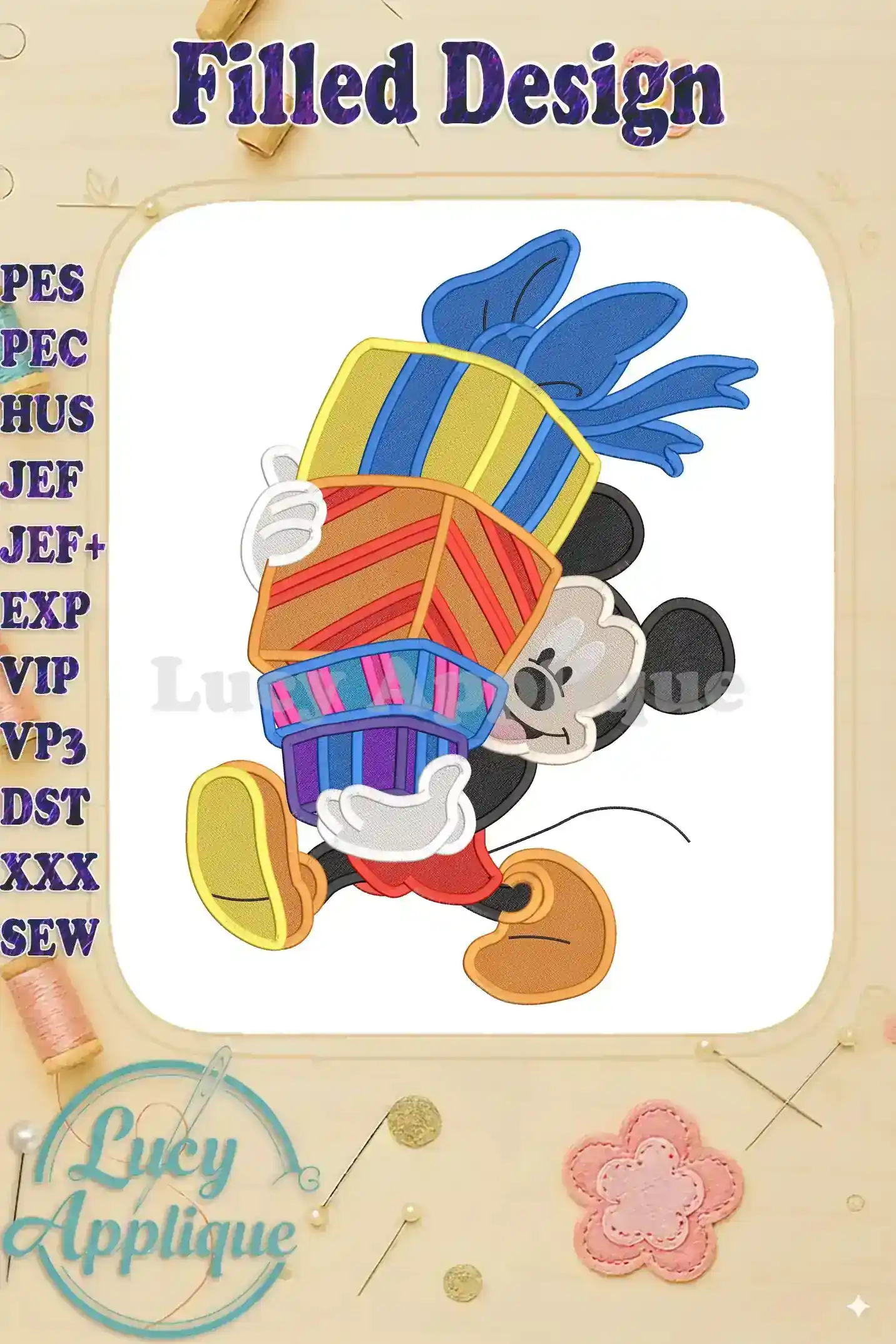 Mickey Mouse, carrying colorful presents, in a filled embroidery design. The image showcases the design's detail and vibrant colors, perfect for various embroidery projects.