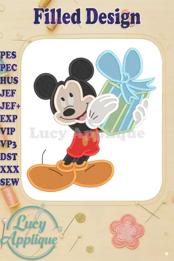 Mickey Mouse holding a gift, filled embroidery design. Various formats available for different embroidery machines. Downloadable pattern.