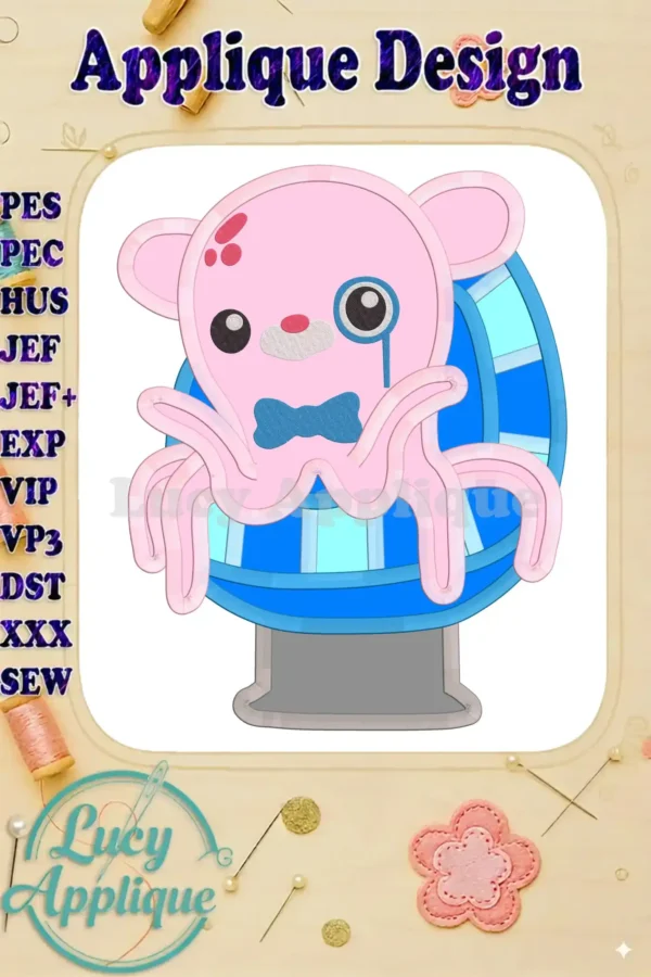 Applique embroidery design of Professor Inkling from Octonauts, sitting on a blue and white striped carousel. Pink octopus with a monocle and bow tie.