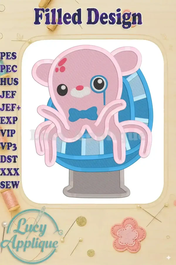 Embroidered design of Professor Inkling from Octonauts, sitting on a Ferris wheel. Pink octopus with a monocle and bow tie. Filled design, easy to stitch.