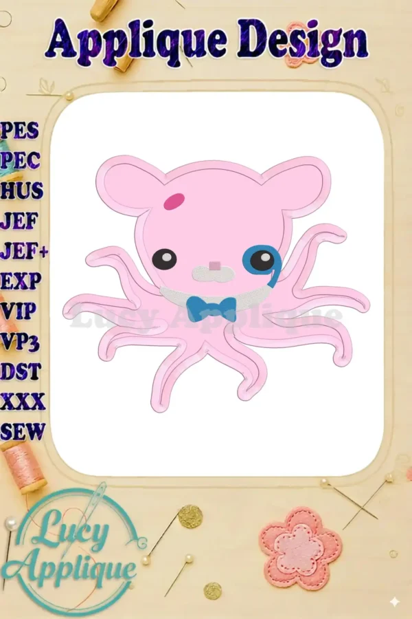 Professor Inkling Octonauts applique embroidery design. Pink octopus with a monocle and bow tie. Perfect for kids' projects!