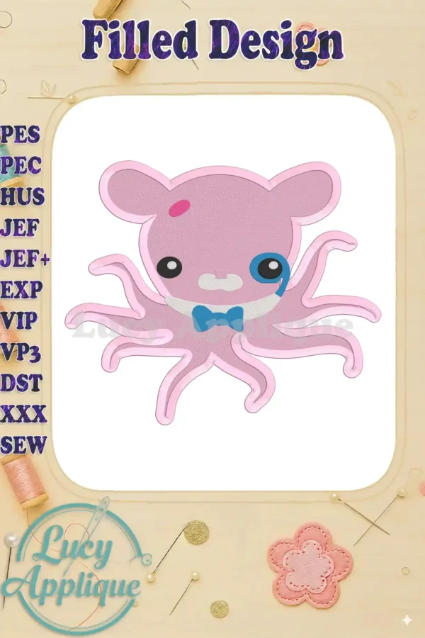 Adorable Professor Inkling Octonaut, wearing a bow tie and monocle, in a filled embroidery design. Pink and light blue color scheme.