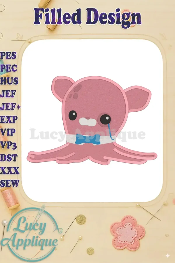 Embroidery design of Professor Inkling from Octonauts, a cute pink octopus with a bow tie, using filled stitch. Perfect for kids' apparel.