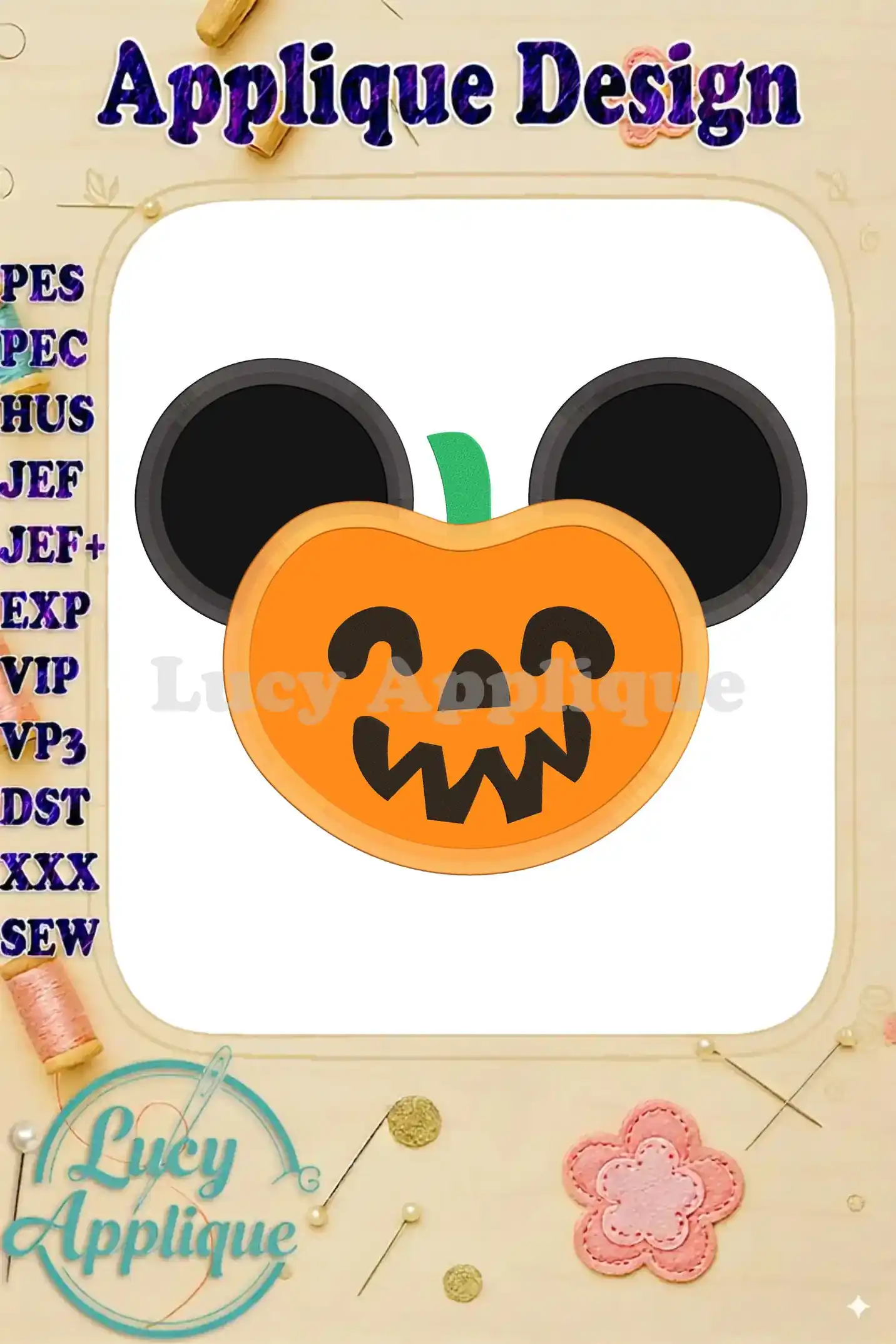 Main image showcasing a charming Mickey Mouse-shaped pumpkin bucket applique design, perfect for Halloween projects. It's a digital embroidery design file.