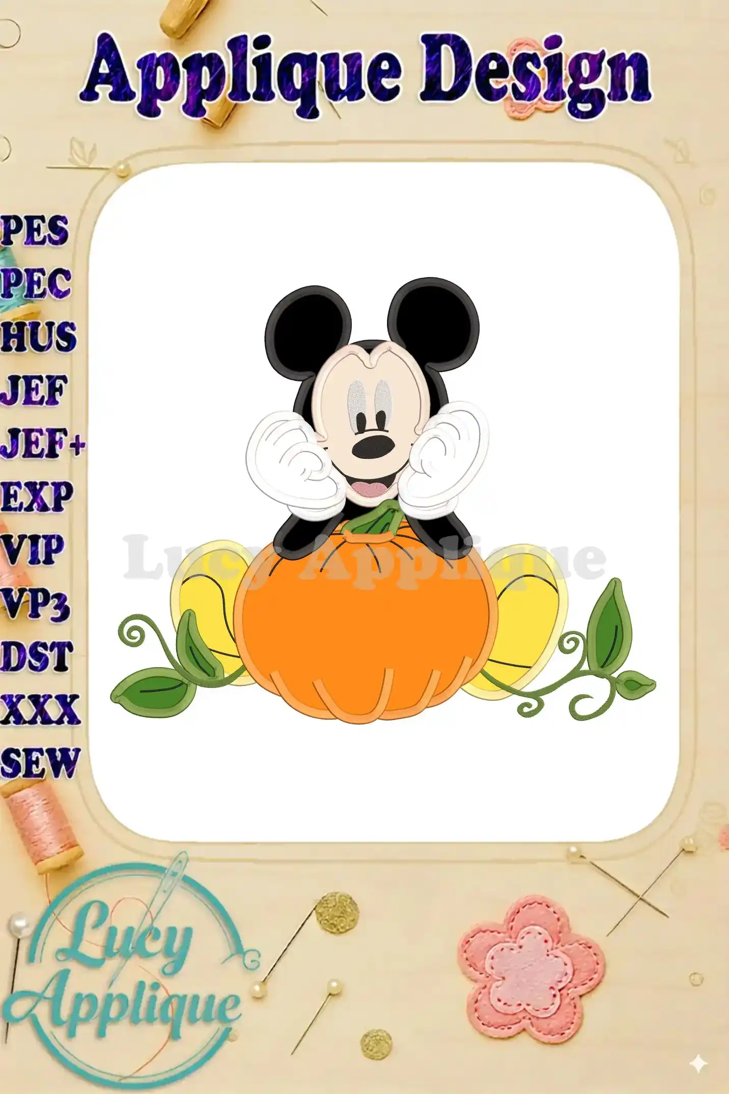 Charming Mickey Mouse sitting inside an orange pumpkin, surrounded by green leaves. Appliqué design, suitable for embroidery machines.