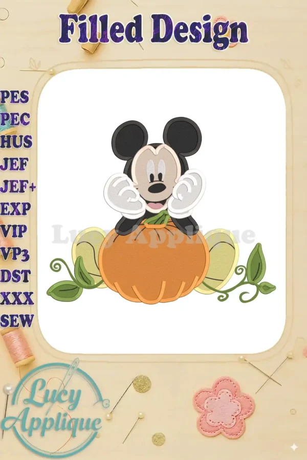Adorable Mickey Mouse filled embroidery design sitting on a pumpkin, with green leaves. Perfect for fall-themed projects. High-quality design, simple stitches.