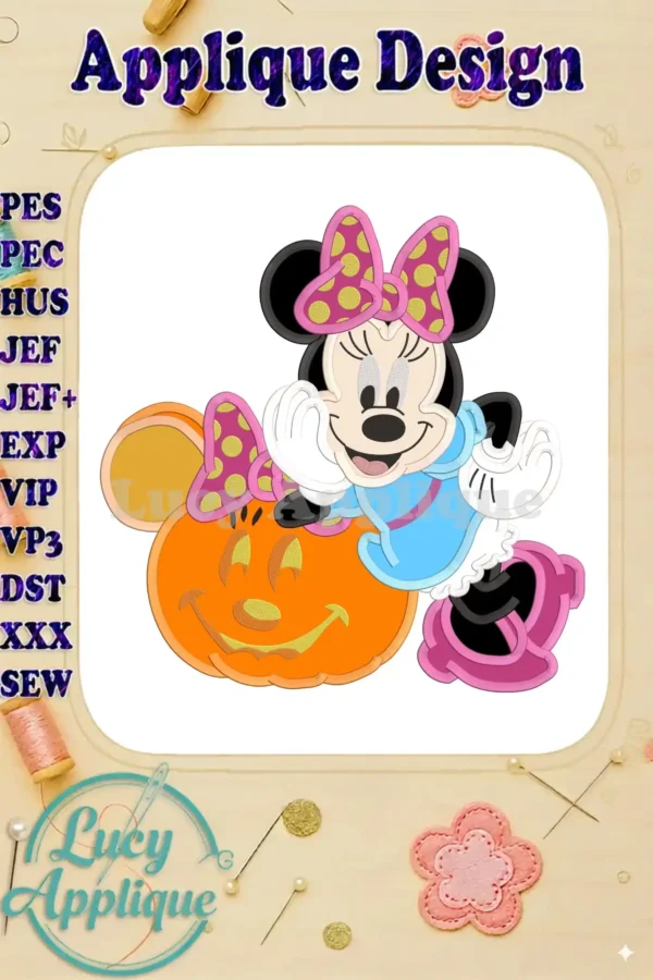 Main image showcasing a charming Pumpkin Minnie Mouse applique embroidery design, perfect for Halloween projects. The design is shown on a light brown background, surrounded by sewing tools.