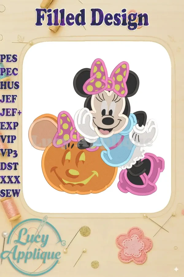 A charming filled embroidery design of Minnie Mouse sitting on a smiling pumpkin, perfect for Halloween. The design is vibrant and detailed, showcasing Minnie's signature polka dots and bow.