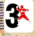 Red Power Rangers Birthday Number 3 Applique Embroidery Design - Instant Download