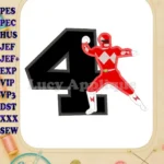 Red Power Rangers Birthday Number 4 Applique Embroidery Design - Instant Download