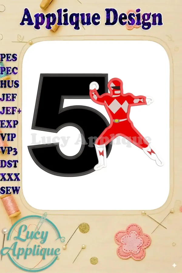 A vibrant applique embroidery design featuring the Red Power Ranger beside the number 5, perfect for a 5th birthday celebration. This design is available in multiple formats for various embroidery machines.