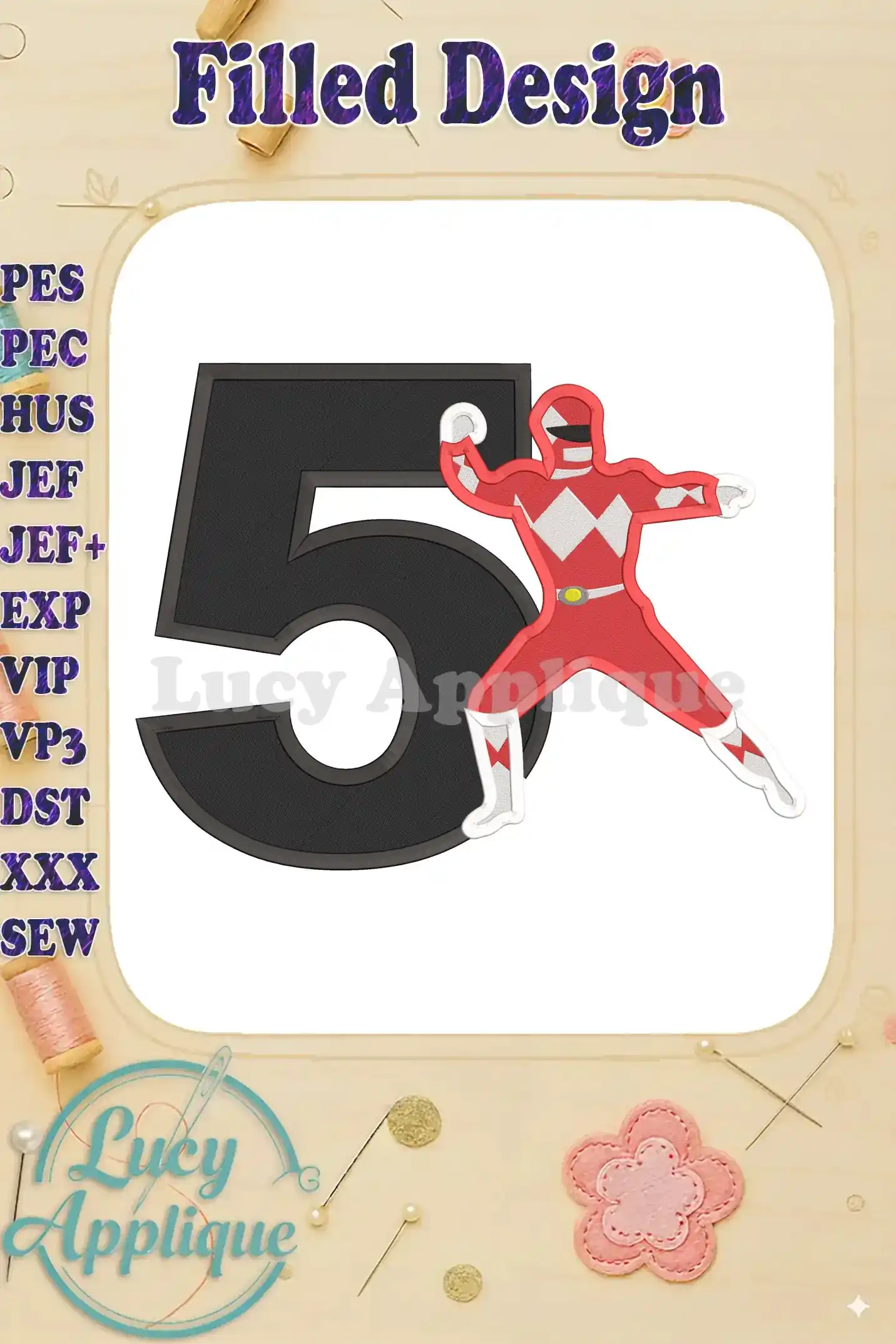 A filled machine embroidery design featuring the Red Power Ranger and the number 5, perfect for a 5th birthday celebration.