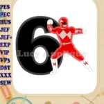 Red Power Rangers Birthday Number 6 Applique Embroidery Design - Instant Download