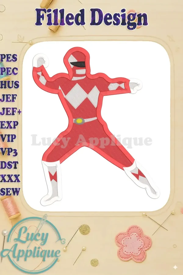 Main image: Red Power Rangers filled machine embroidery design. Shows the character in action pose, ready for embroidery. High-quality design.