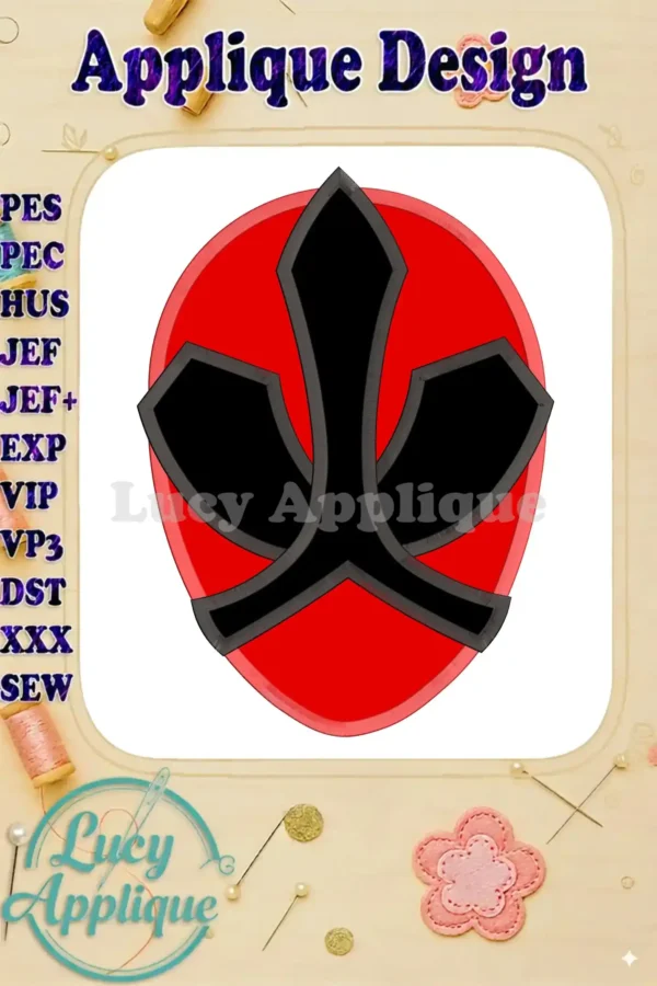 A vibrant red and black applique design of the Red Power Rangers head, ready to be stitched. The design is presented on a white background with helpful file format information.