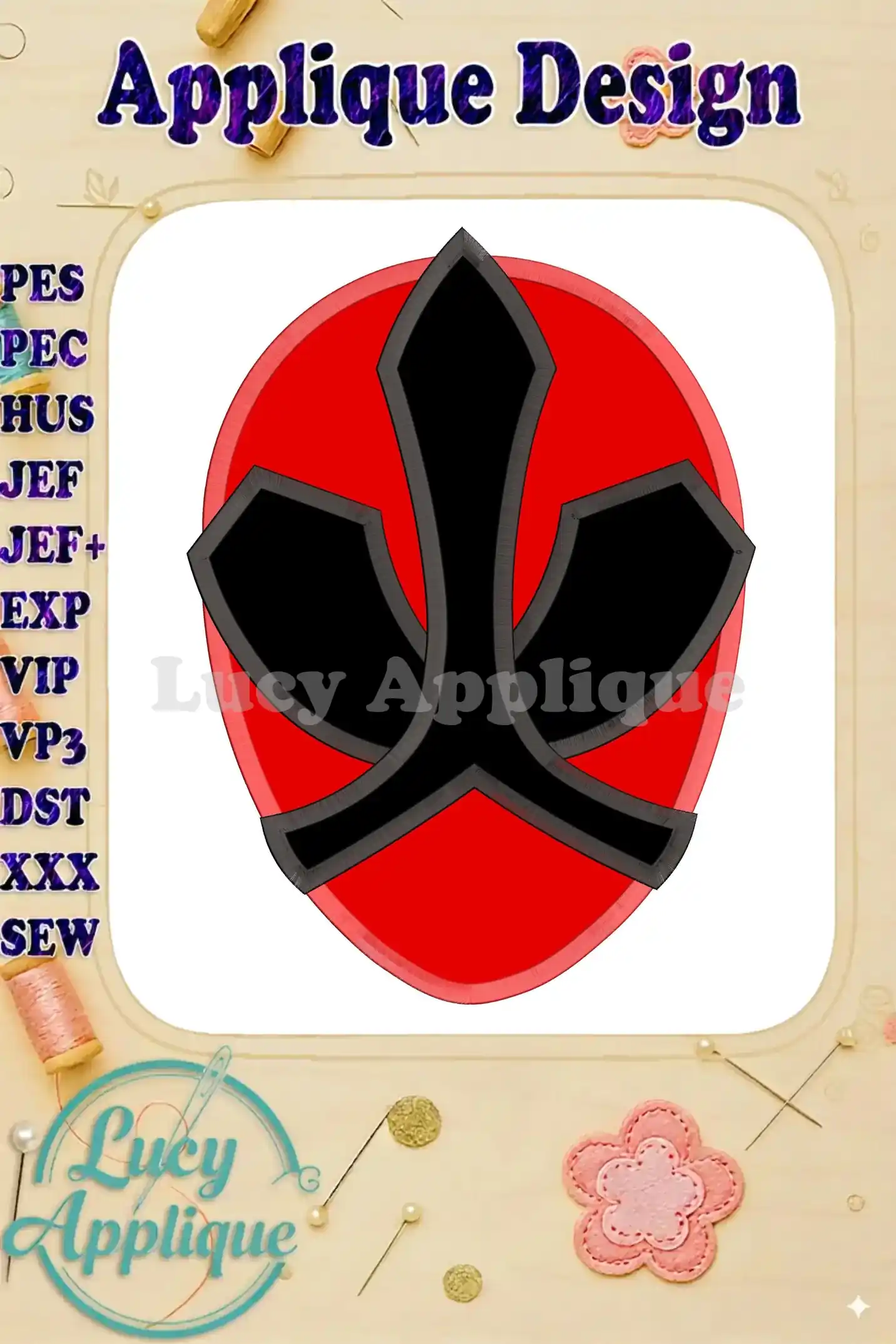 A vibrant red and black applique design of the Red Power Rangers head, ready to be stitched. The design is presented on a white background with helpful file format information.