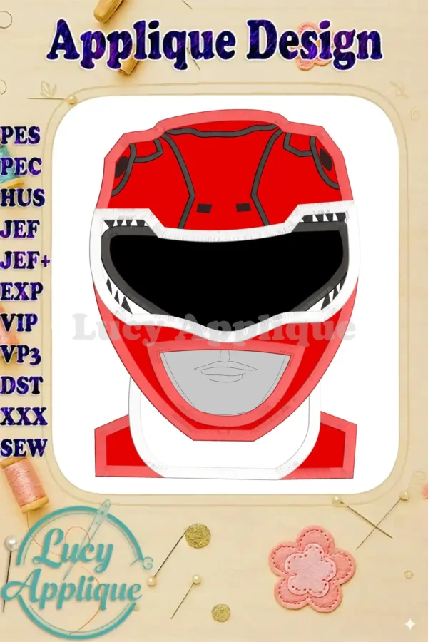 Applique design of the Red Power Rangers helmet, showcasing the detailed embroidery pattern and stitch types. Great for adding a heroic touch to any project.