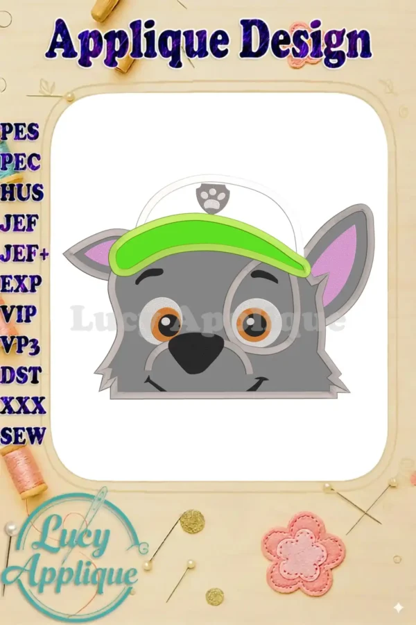 Embroidery design of Rocky from Paw Patrol wearing a lime green baseball cap. Applique design with detailed facial features and stitching instructions.