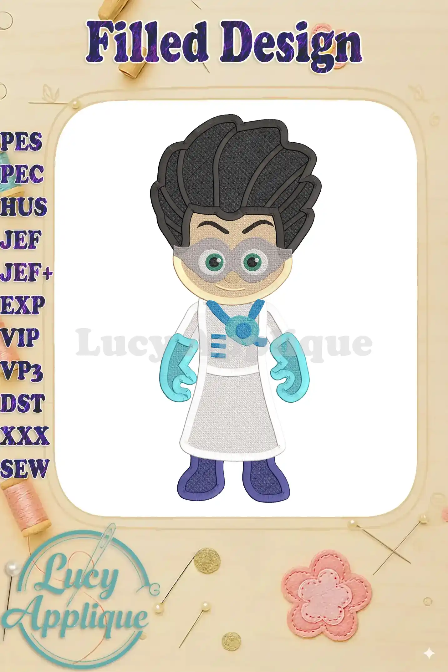 Embroidery design of Romeo from PJ Masks, showcasing a filled stitch style. The design features Romeo in his signature outfit, ready for nighttime adventures.