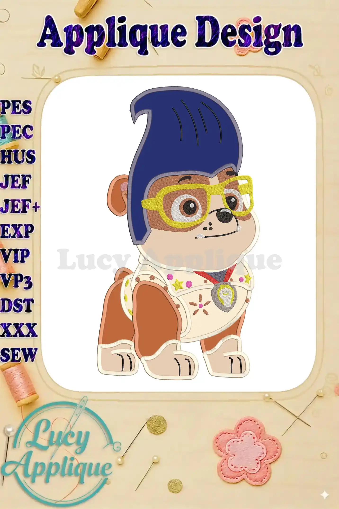 Embroidery design of Rubble from Paw Patrol dressed in a cute Halloween costume. This applique design is ready to be stitched onto various fabrics.