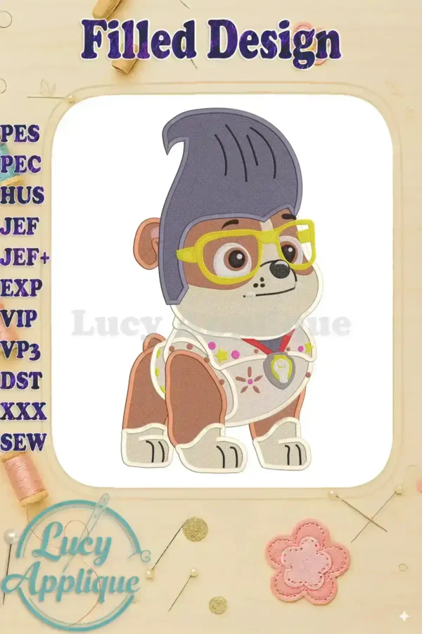 Embroidery design of Rubble from Paw Patrol dressed in a Halloween costume. The design is detailed and features multiple colors. Perfect for Halloween projects.