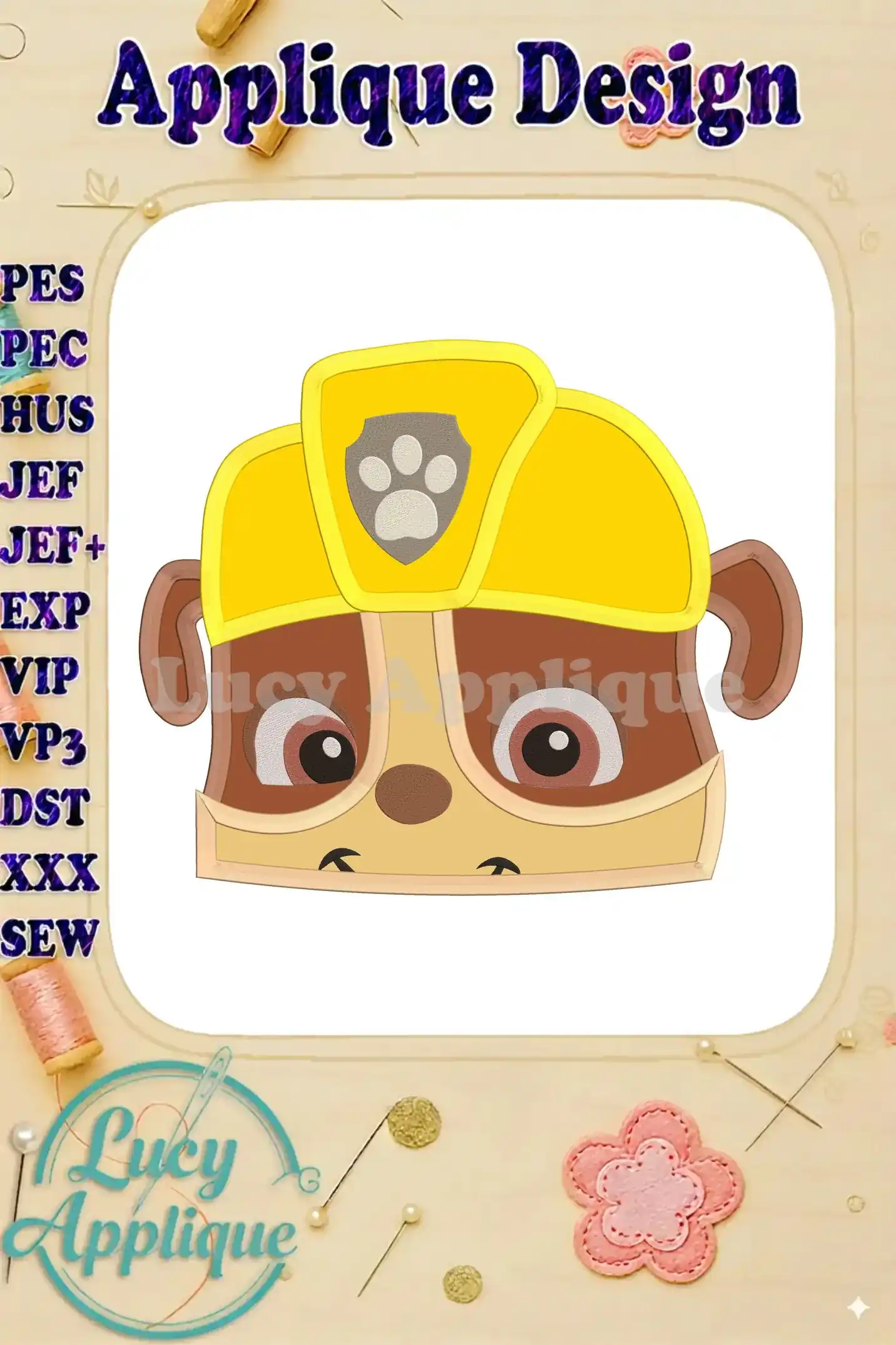 Embroidery design of Rubble, from Paw Patrol, wearing his construction hat. Applique design with brown, yellow, and white.