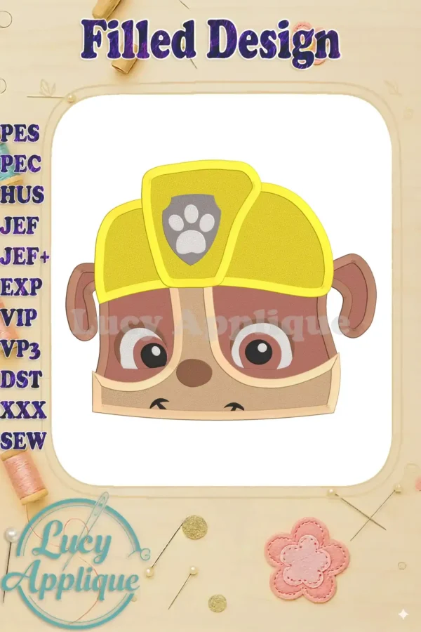 Embroidery design of Rubble from Paw Patrol, wearing his yellow construction hat. The design is filled, suitable for creating patches or appliqués.