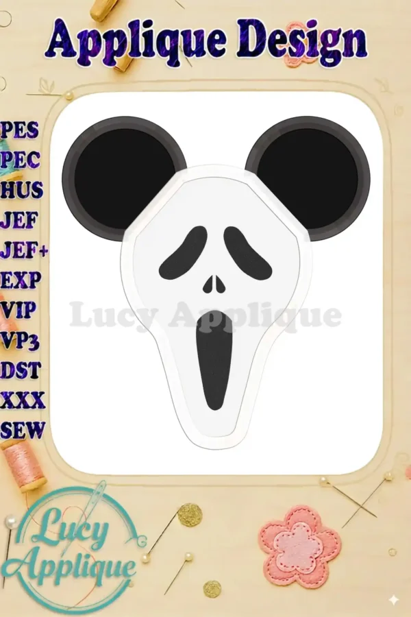 A scary Mickey Mouse applique design with scream face, perfect for Halloween projects. The design is shown on a white background with stitching details.