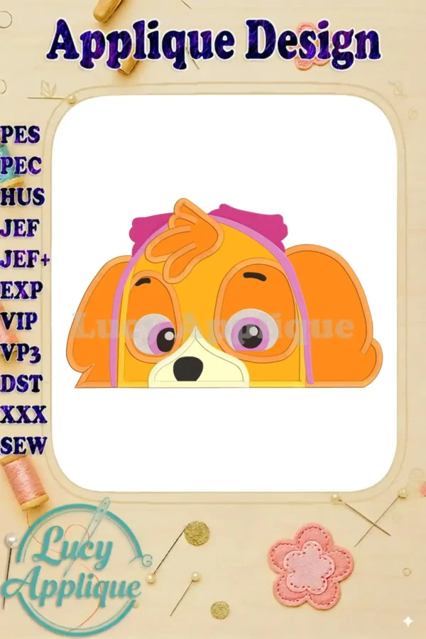 Applique embroidery design of Skye from Paw Patrol. Features orange and pink color scheme, simple yet detailed features, suitable for kids' projects.