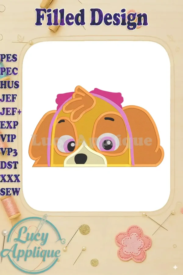 Embroidery design of Skye from Paw Patrol, featuring a filled design with pink bow. Perfect for adding a cute touch to various projects.
