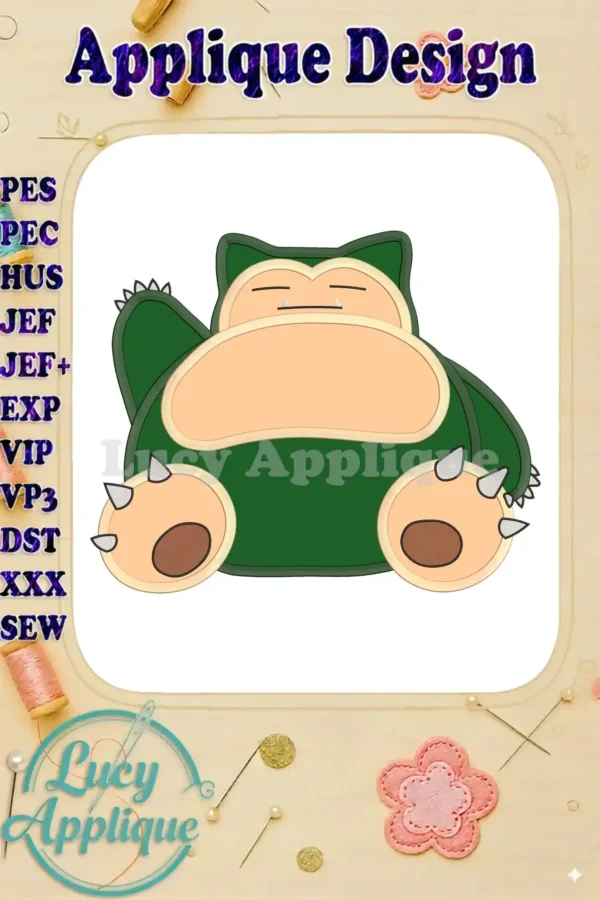 Applique embroidery design featuring a cute Snorlax from Pokemon, shown in green and beige. The design is presented on a white background with a decorative border.