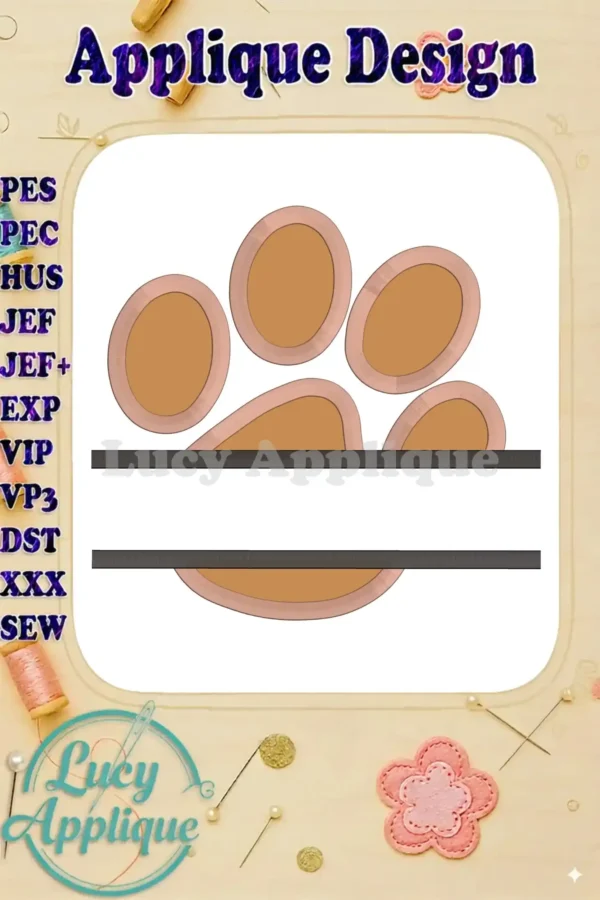 Applique design of a paw print, split for easy embroidery. Includes name placement area. Various file formats are supported.