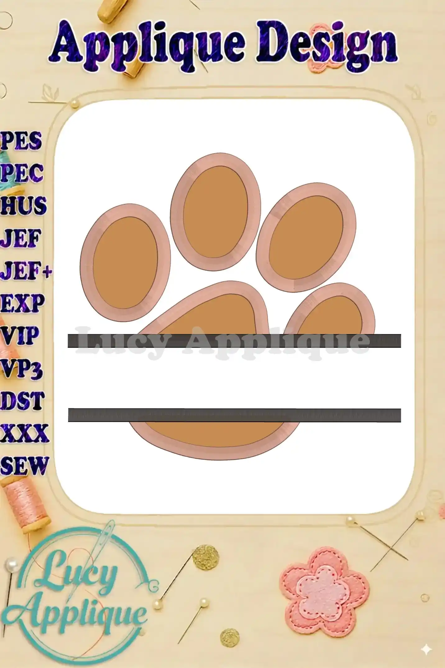 Applique design of a paw print, split for easy embroidery. Includes name placement area. Various file formats are supported.
