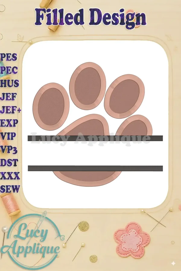 A filled embroidery design featuring a paw print, reminiscent of Paw Patrol, with a customizable name bar beneath. Perfect for adding a personal touch to various projects.