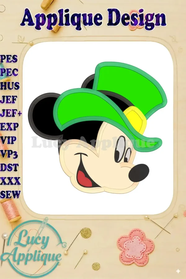 Mickey Mouse in a green St. Patrick's Day hat, applique embroidery design. Various file formats included for easy use with your embroidery machine. Download and stitch today!