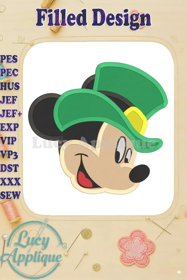 A charming machine embroidery design of Mickey Mouse wearing a festive St. Patrick's Day hat, showcasing vibrant green and gold colors, perfect for apparel or home decor.