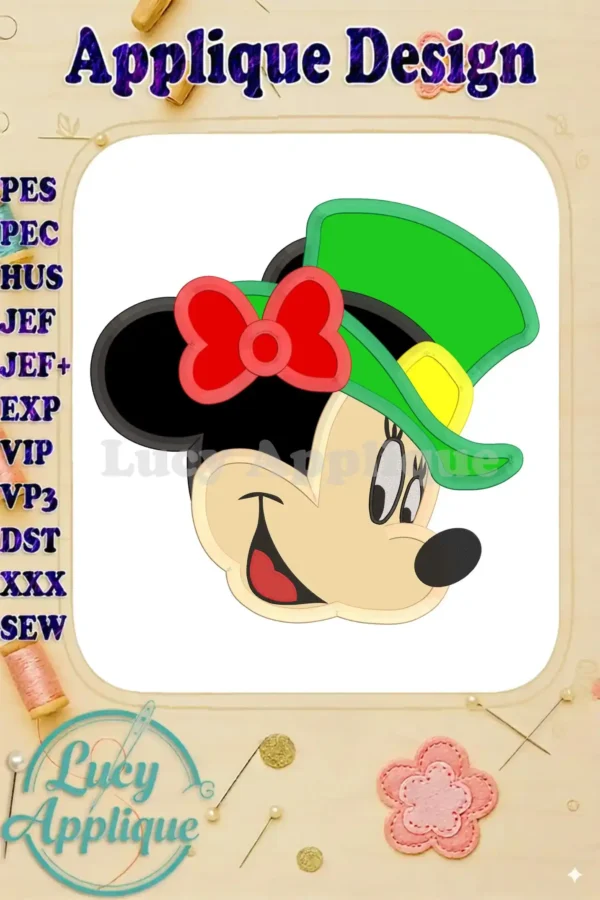 A charming applique embroidery design of Minnie Mouse wearing a green St. Patrick's Day hat, showcasing vibrant colors and intricate details, perfect for festive sewing projects.
