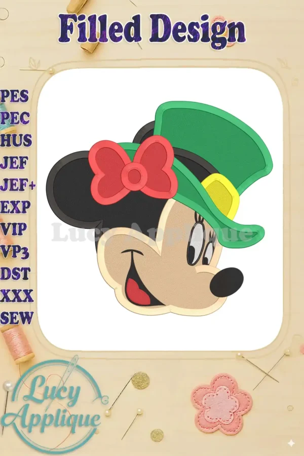 Minnie Mouse in a green St. Patrick's Day hat, a filled embroidery design. The image showcases the design's details and stitch quality, perfect for machine embroidery.