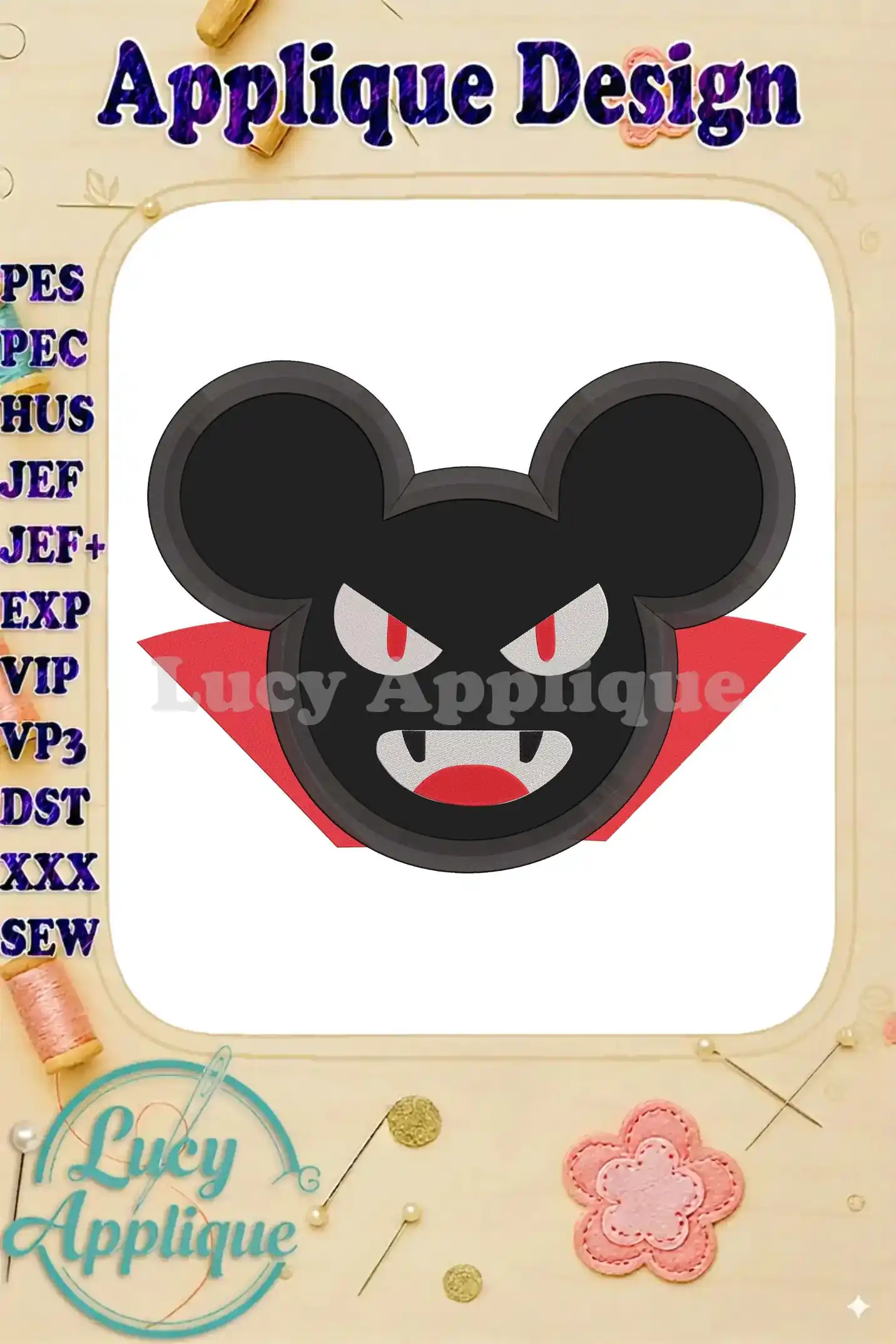 A charming applique design of Vampire Mickey Mouse, showcasing his signature ears and a spooky vampire cape. This detailed embroidery design is perfect for Halloween projects.