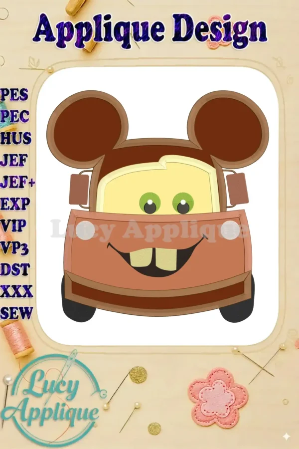 Tow Mater from Cars with Mickey Mouse ears, shown as an applique embroidery design. The image includes color details and machine embroidery file formats.