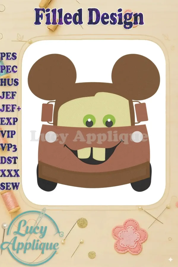 Embroidery design of Tow Mater from Cars with Mickey Mouse ears. Brown, filled design, simple features. Perfect for various projects.