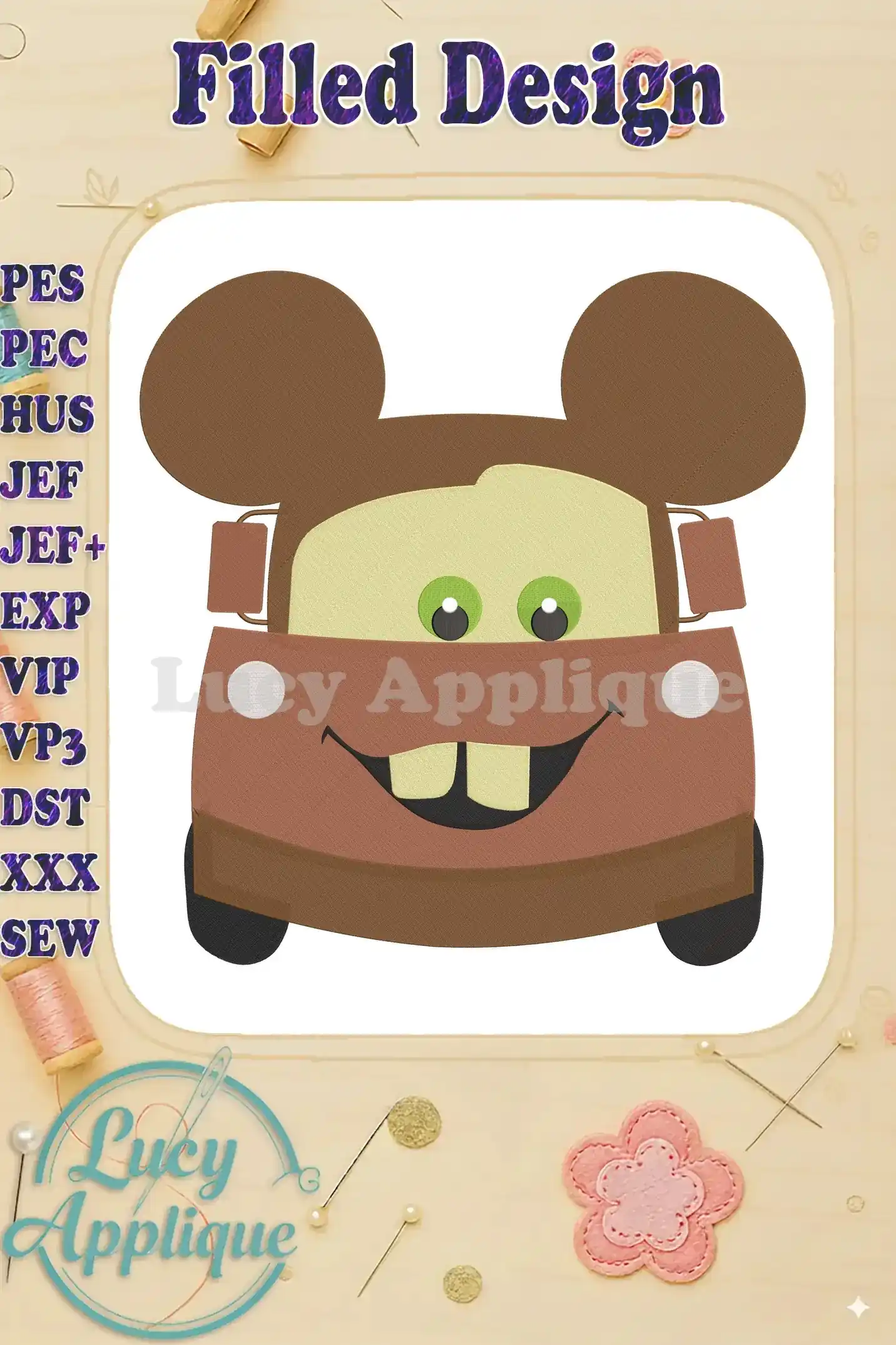 Embroidery design of Tow Mater from Cars with Mickey Mouse ears. Brown, filled design, simple features. Perfect for various projects.