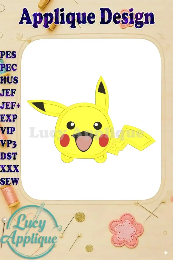 Embroidery design of a cute Tsum Tsum Pikachu, ready to be stitched. The image showcases the applique design in detail, with a clean white background and clear outlines.