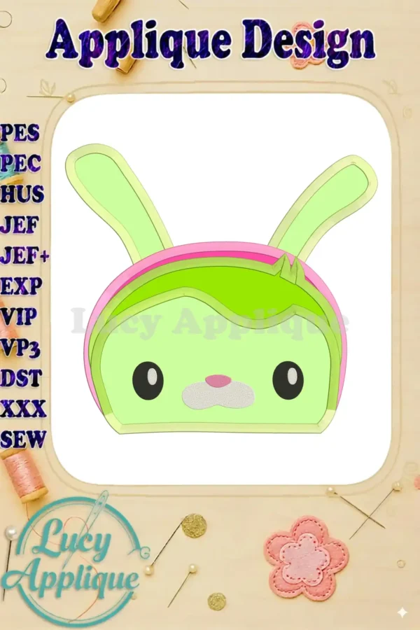 Adorable applique design of Tweak the Bunny from Octonauts. The design is shown in bright green, pink, and white, ready to be stitched.