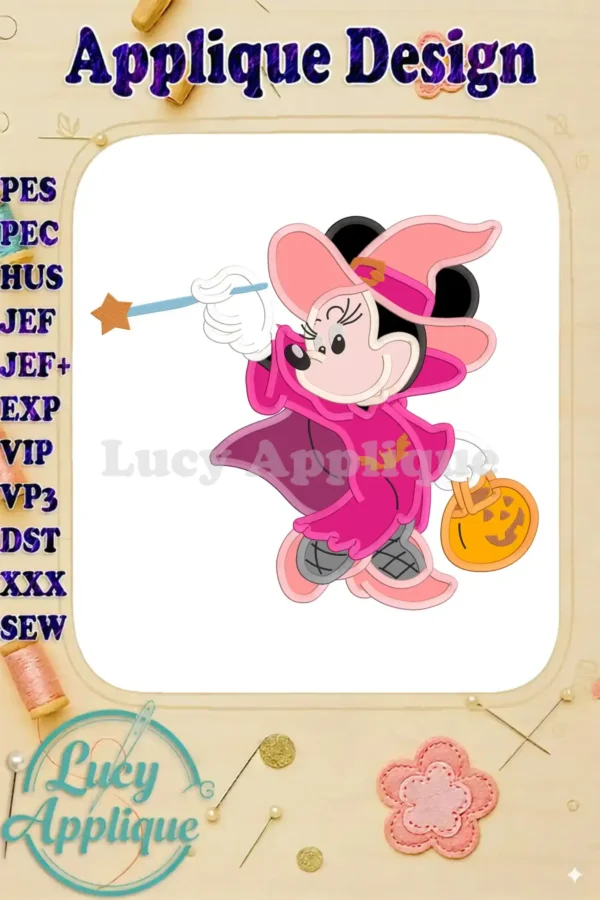 Main image showcasing a charming Witch Minnie Mouse applique embroidery design, holding a magic wand and a pumpkin basket. Perfect for Halloween projects.