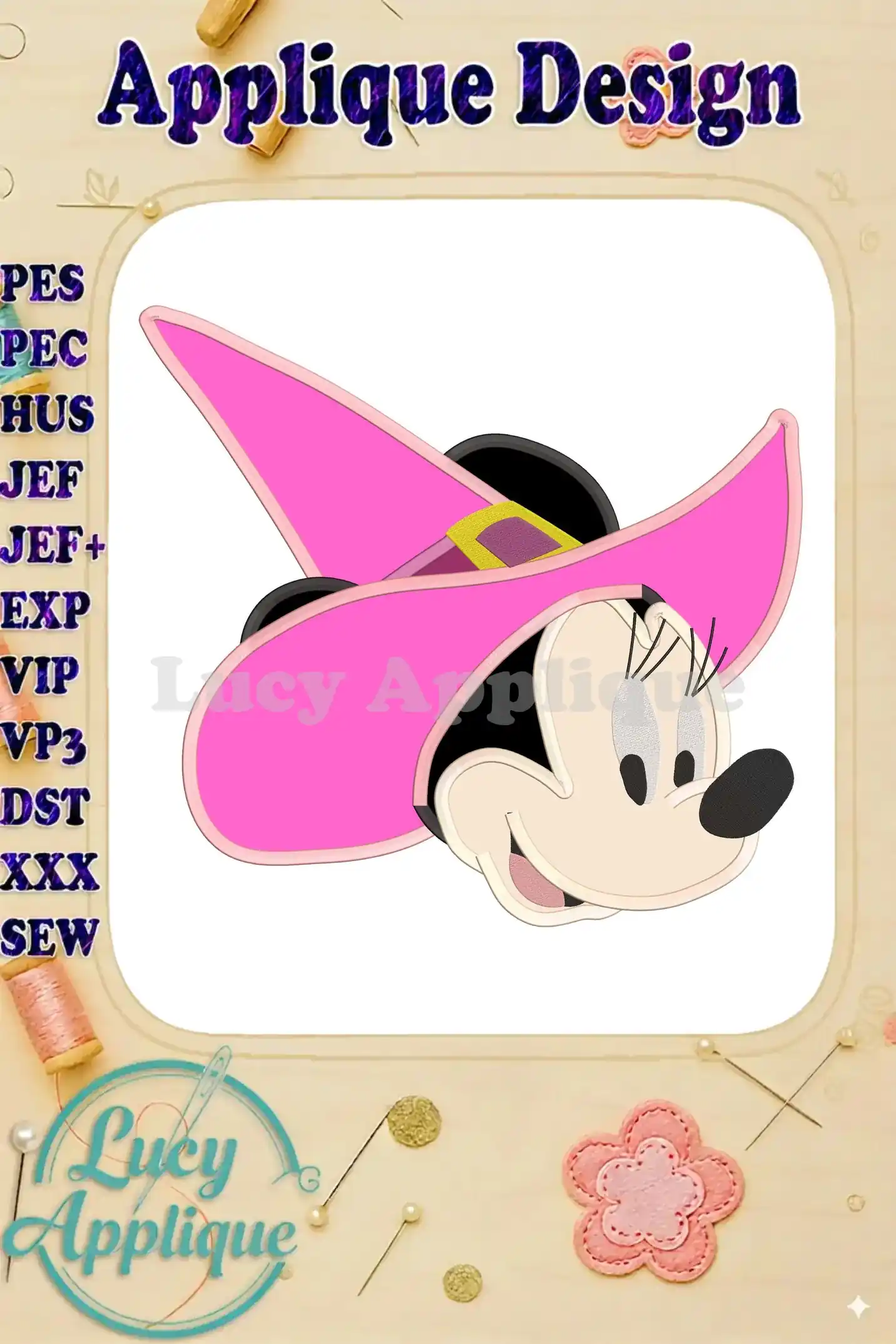 A charming applique design of Witch Minnie Mouse, wearing a pink witch hat. The design is shown in various embroidery file formats, suitable for various machines.